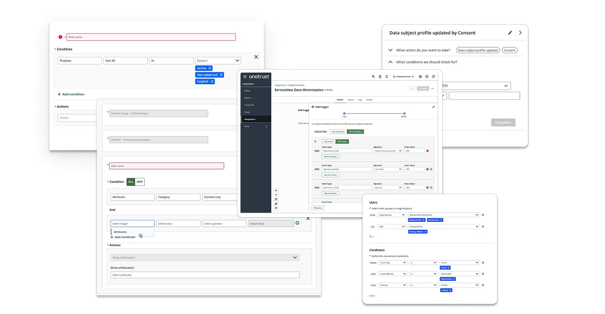 Five distinct rule builder implementations found across the OneTrust platform