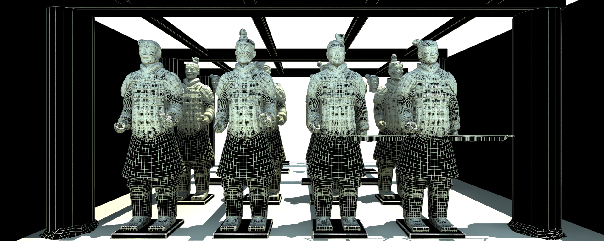 Wireframe still of the terra cotta warriors scene
